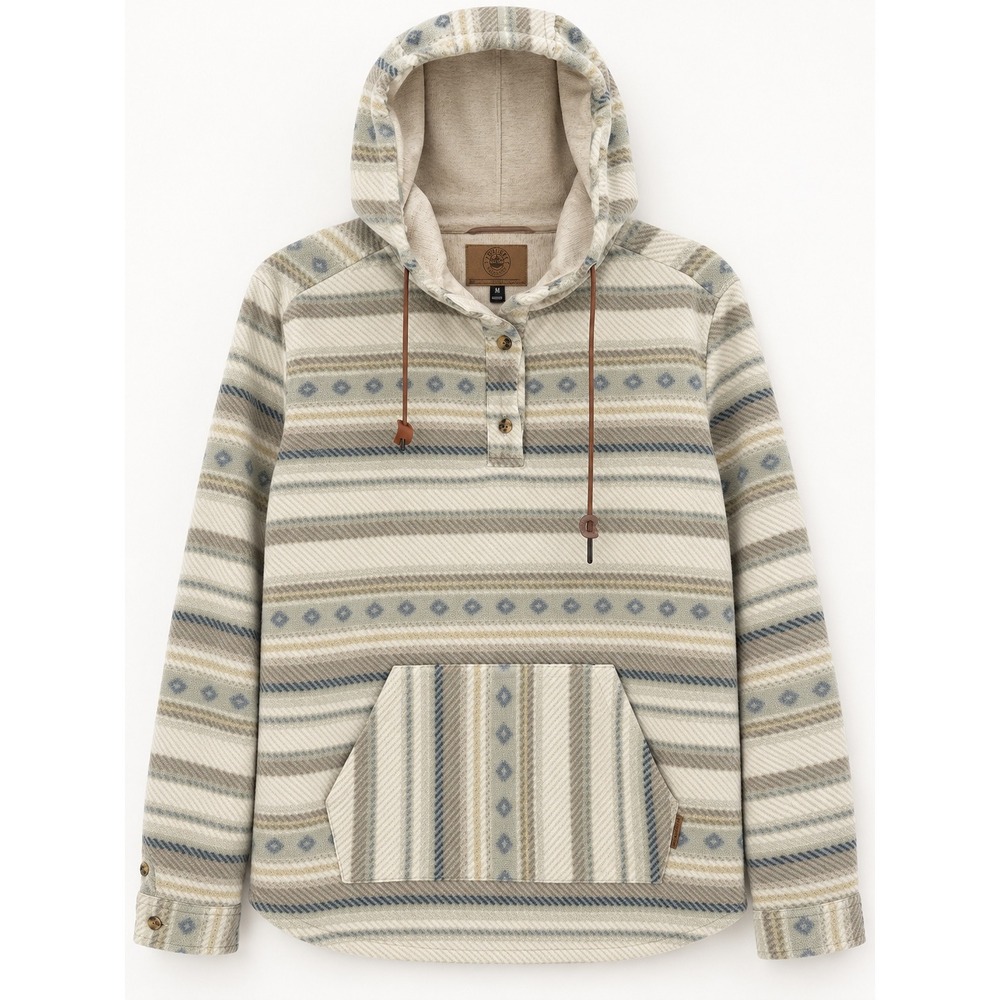 Levitate Fleece Hoodie Mens Size M Cream Tan Striped Aztec Henley Gorpcore